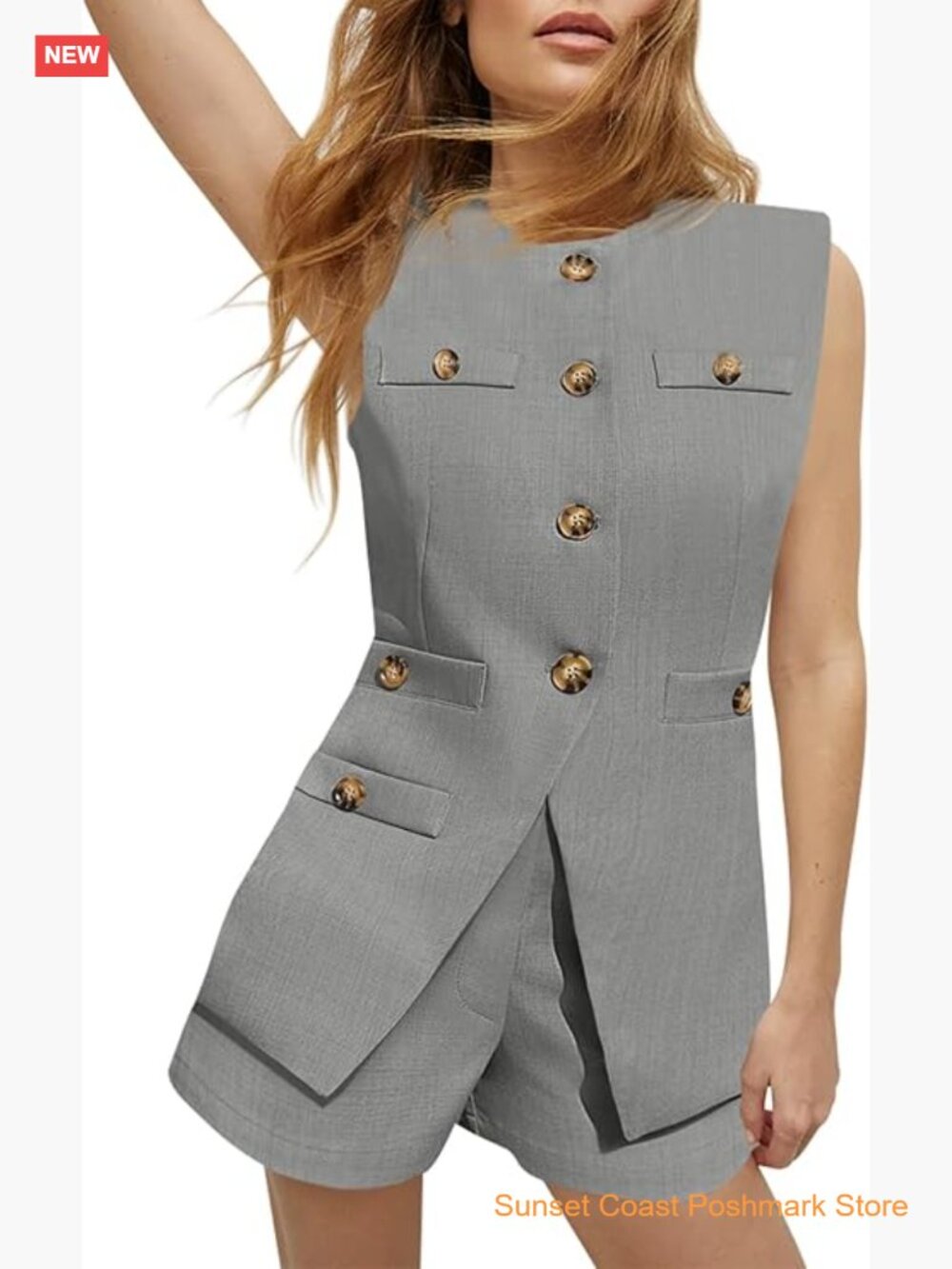 Women's 2 Piece Casual Suit Set Sleeveless Button Down Blazer Vest Shorts